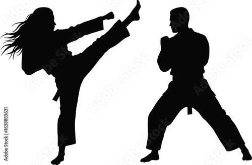 Karate woman high kick, martial arts sparring pose, silhouette fighters in action, self defense training, black vector illustration, combat stance, isolated design