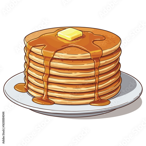 Stack of syrup-drenched pancakes with butter on plate – stock vector flat illustration