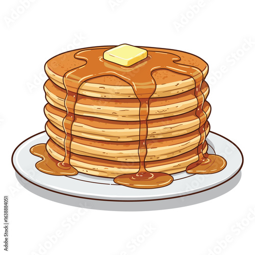 Stack of fluffy pancakes with butter and syrup on a white plate – stock vector flat illustration