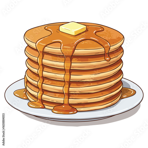 Stack of pancakes with syrup and butter on a plate – stock vector flat illustration