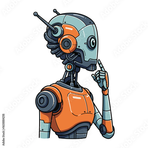 Futuristic humanoid robot thinking pose with orange and blue metallic design – stock vector flat illustration