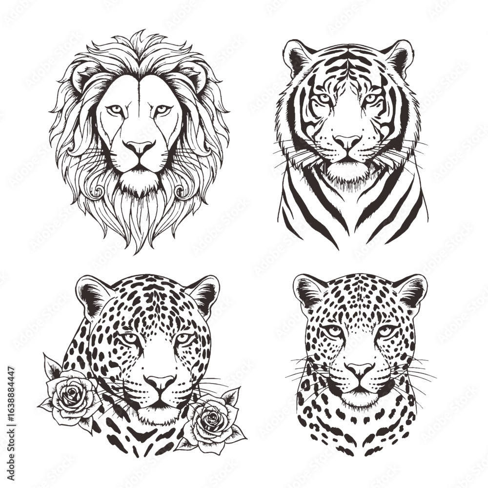 Fototapeta premium Majestic Big Cat Portraits Lion Tiger Jaguar Leopard Bold Line Art Designs