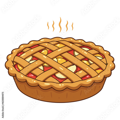 Lattice-topped apple pie with steam rising from freshly baked crust – stock vector flat illustration