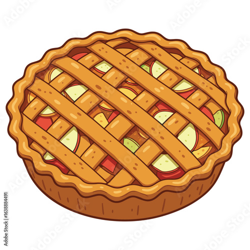 Delicious homemade apple pie with golden lattice crust and fresh apple slices – stock vector flat illustration
