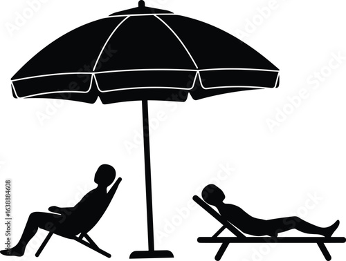 Two people relaxing on sun loungers under beach umbrella, tropical vacation, summer holiday, seaside rest, travel lifestyle, peaceful moment, leisure time, coastal destination.