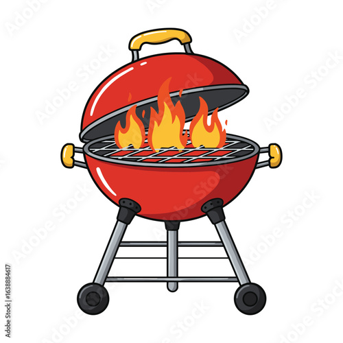 Cartoon red bbq grill with open lid and bright flames – stock vector flat illustration