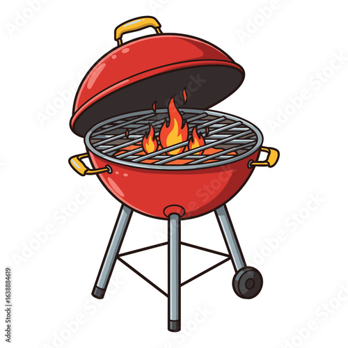 Red outdoor grill with flames – stock vector flat illustration