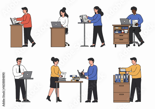 Diverse business people performing various daily office tasks and working with documents, computers, and files in a corporate setting.