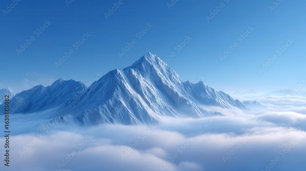 Obraz premium Majestic Mountain Peak above the clouds: Witness the awe-inspiring majesty of a towering mountain peak, piercing through a sea of fluffy clouds, under a clear, vibrant blue sky.