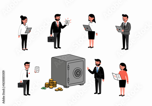 Business professionals manage finances and assets, featuring a secure safe, money, and documents, representing financial security and investment strategies.