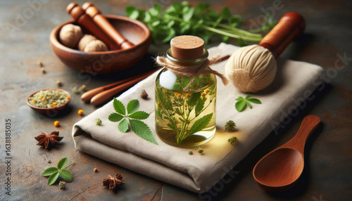 Wallpaper Mural Ayurvedic Massage Oil with Floating Herbs and Wooden Tools for Therapy Torontodigital.ca