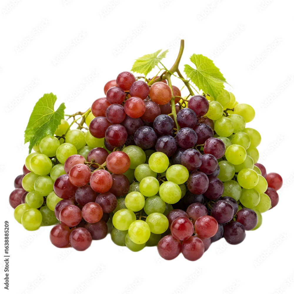 A vibrant pile of fresh green, red, and dark purple grapes with leaves on a transparent background. A vibrant pile of fresh green, red, and dark purple grapes with leaves on a transparent background.