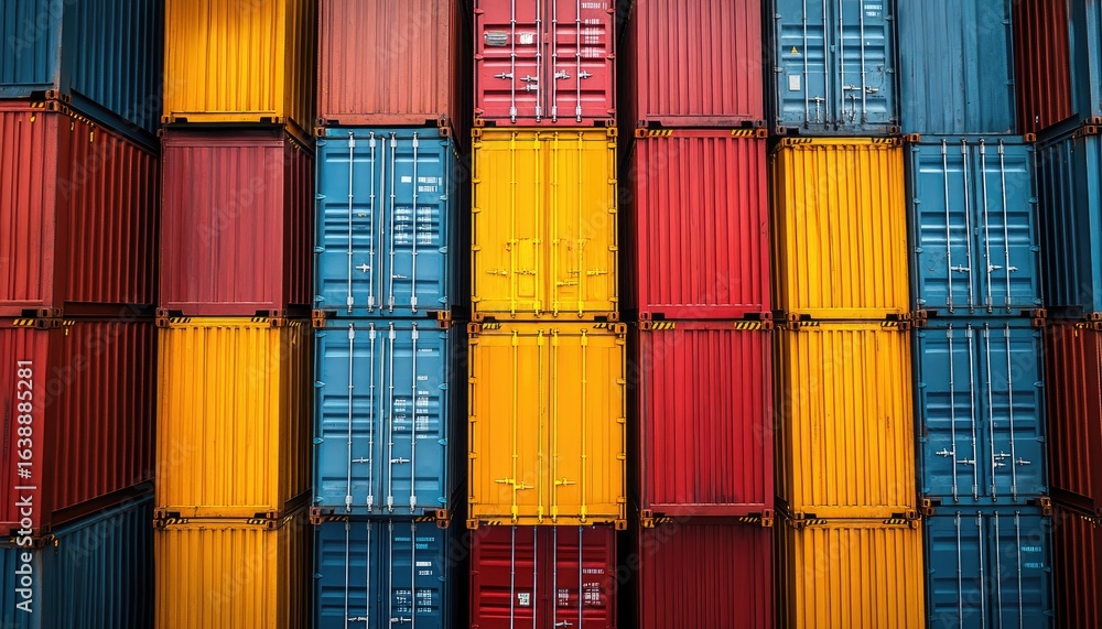 Fototapeta premium Stacked colorful shipping containers create a vibrant, geometric pattern. Use to illustrate global trade, logistics, or industry themes.