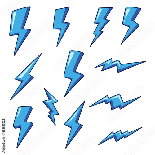 Collection of blue lightning bolt variations – stock vector flat illustration
