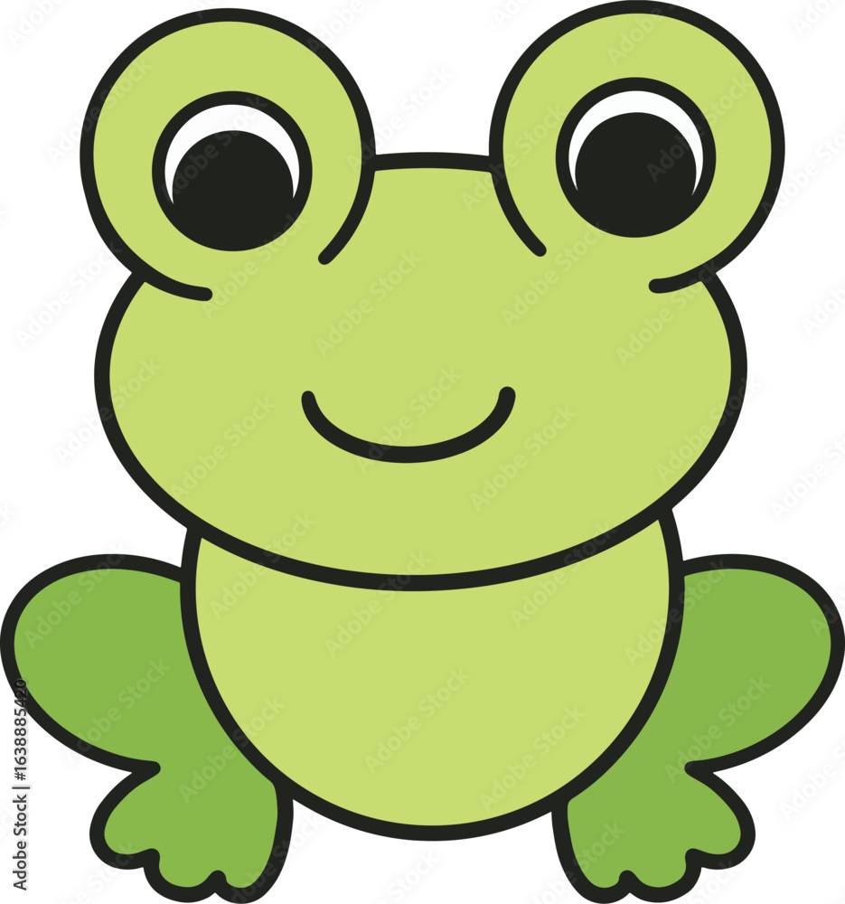 Obraz premium A cartoon of a green frog sitting and smiling.