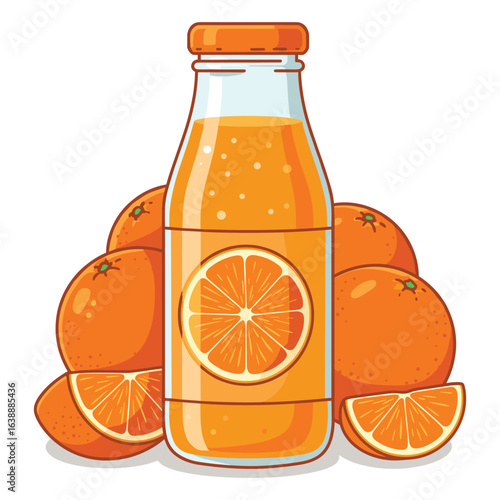 Fresh orange juice bottle with whole and sliced oranges – stock vector flat illustration