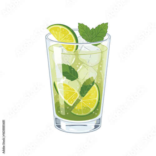 Refreshing mojito cocktail with lime, mint, and ice in glass – stock vector flat illustration