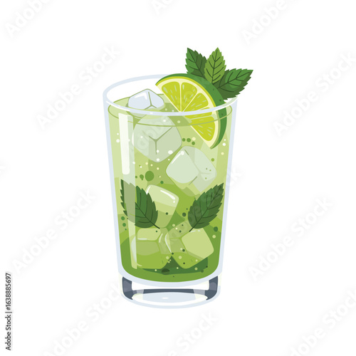 Refreshing mojito cocktail with mint, lime slice, and ice cubes in a glass – stock vector flat illustration