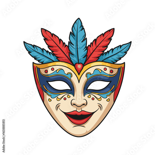 Colorful feathered mask with face design – stock vector flat illustration