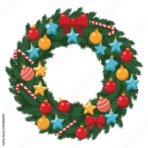 Festive christmas wreath with ornaments and candy canes on evergreen branches – stock vector flat illustration