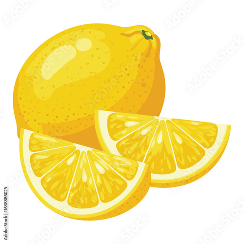 Vibrant whole lemon and sliced wedges with fresh yellow color – stock vector flat illustration