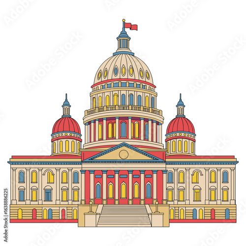 Colorful architectural illustration of a grand capitol building with multiple domes – stock vector flat illustration