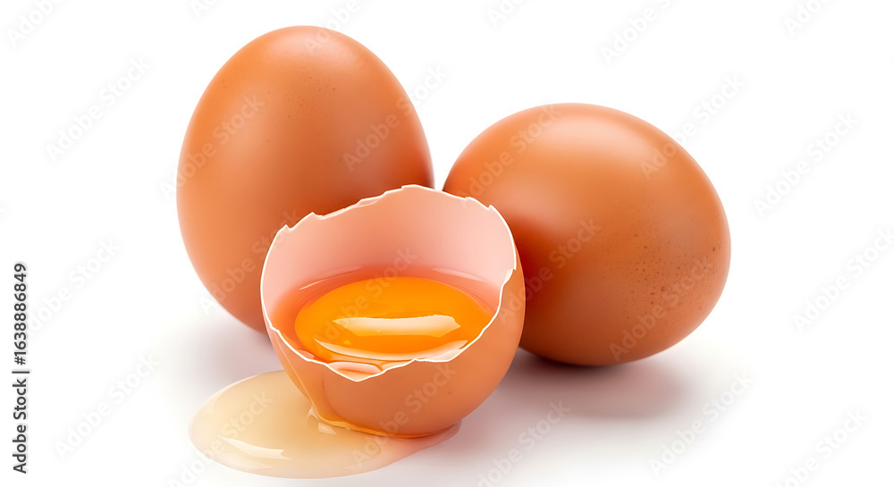 Fresh brown chicken eggs with one cracked open revealing a bright yellow yolk, isolated on a clean white background. Fresh brown chicken eggs with one cracked open revealing a bright yellow yolk, isolated on a clean white background.
