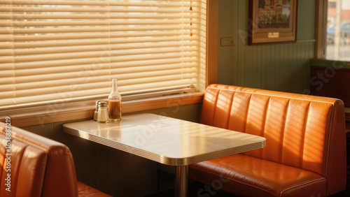 Nostalgic Vintage Diner Booth Warm Sunlight Through Blinds Cozy Retro