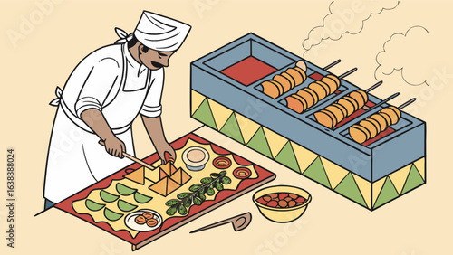 Chef preparing delicious egyptian food like falafel and taameya with traditional cooking equipment and ingredients