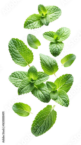 flying fresh mint leaves isolated on transparent white background, clipping path