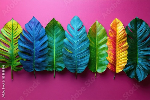 Vibrant tropical leaves are arranged on a magenta surface. Use for summer themes, exotic backgrounds, or creative designs.