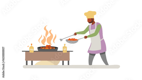 Chef cooking food on fire in kitchen restaurant food preparation cooking skills culinary arts cuisine