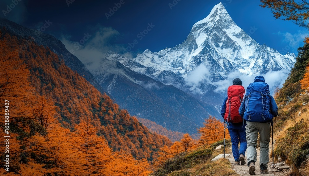 Fototapeta premium Hikers walk a trail towards snowy mountain through vibrant autumn foliage. Depicting adventure, teamwork, and the serene beauty of mountain landscapes.