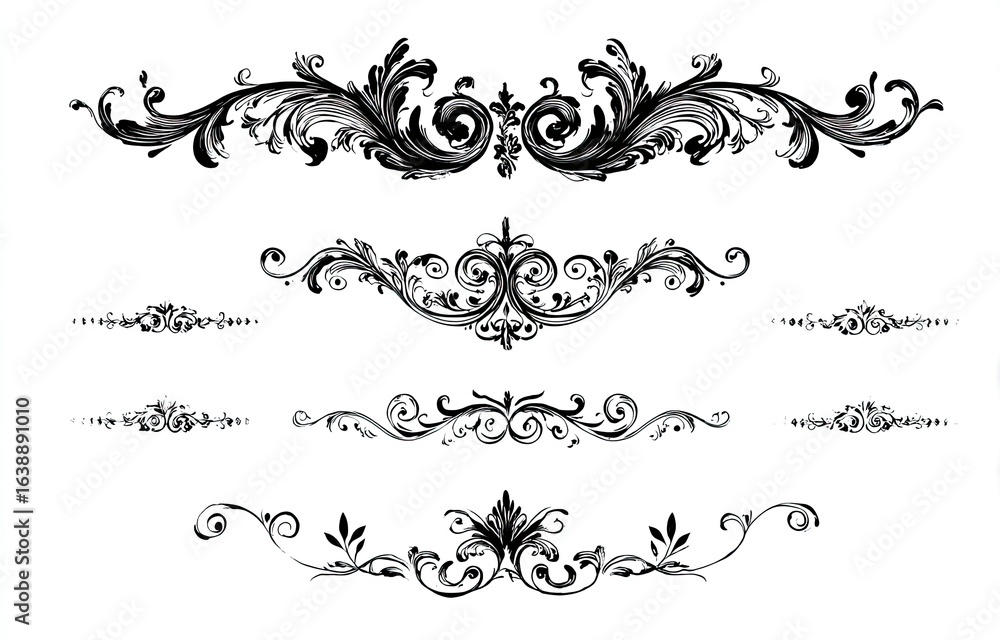 Ornate decorative flourishes in black ink on white background. Set of decorative dividers, with various swirling, leaf-like, and floral motifs Ornate decorative flourishes in black ink on white background. Set of decorative dividers, with various swirling, leaf-like, and floral motifs