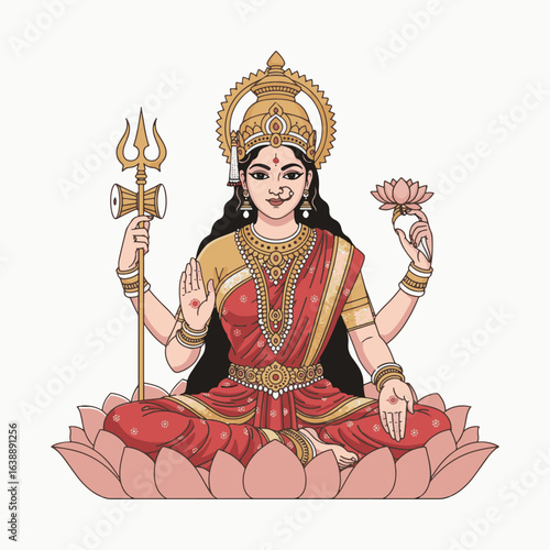 Serene depiction of Hindu goddess Parvati, seated on a lotus, holding a trident and conch.