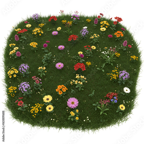 Photo of Colorful Flowers Blooming in a Round Patch of Green Grass Isolated on Transparent Background