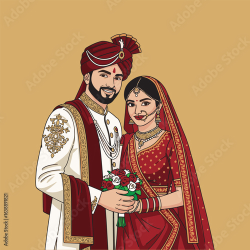 A stylized portrait of a newlywed Indian couple in traditional wedding attire, holding a bouquet.