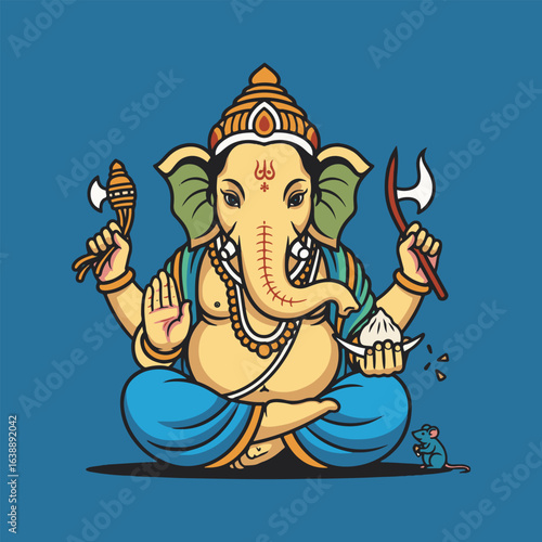 Illustration of Hindu god Ganesha sitting in lotus position with a mouse, holding axe and sweet.