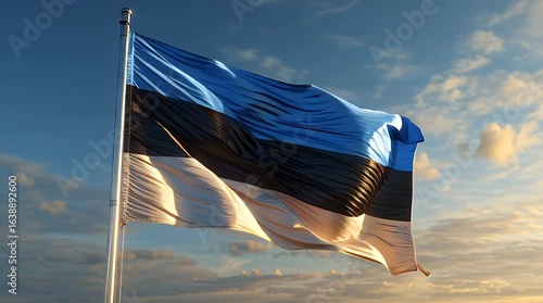 The flag of Estonia is displayed prominently, fluttering in the wind against a bright blue sky