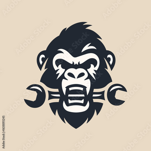 Modern logo of an angry gorilla head biting a wrench.