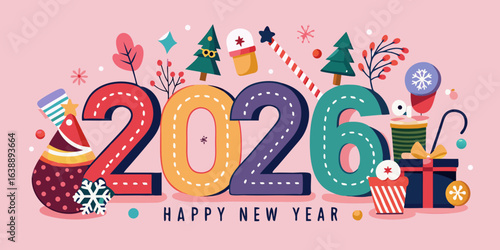 Modern and Stylish 2026 Happy New Year Vector Illustration with Festive Christmas Elements and Contemporary Holiday Design in pink background .