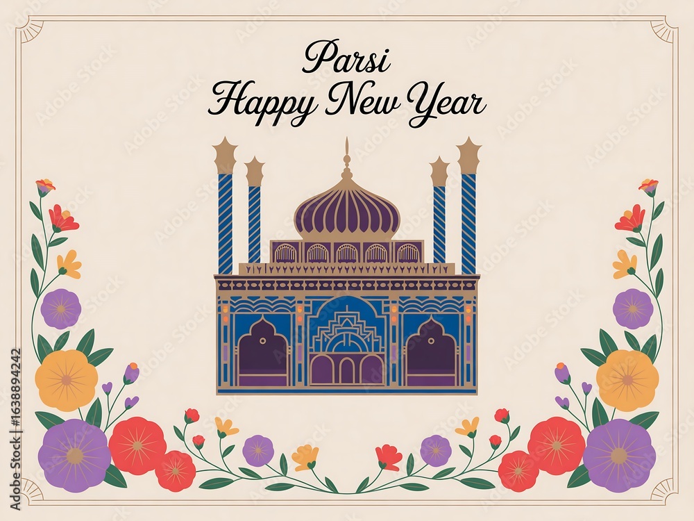 Fototapeta premium Parsi happy new year greeting featuring a beautiful mosque and floral border