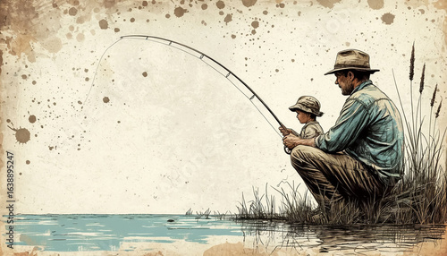 Doodle dad and son fishing on vintage background - Father's Day card template