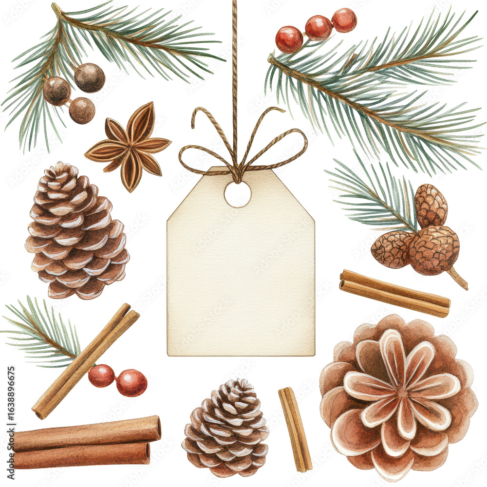 Fototapeta premium Christmas ornaments watercolor illustration, perfect for festive designs and seasonal decor.
