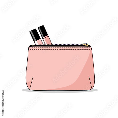 Makeup pouch with cosmetics in pink color and simple design  