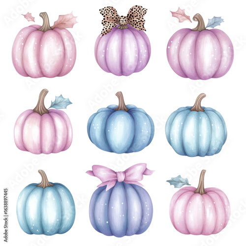 Charming watercolor pumpkins in pastel hues, ideal for fall celebrations and designs.