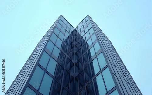 3D stimulate of high rise curve glass building and dark steel window system on blue clear sky background,Business concept of future architecture,lookup to the angle of the corner building.