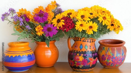 Wallpaper Mural Colorful array of vibrant flowers arranged beautifully in hand-painted vases Torontodigital.ca