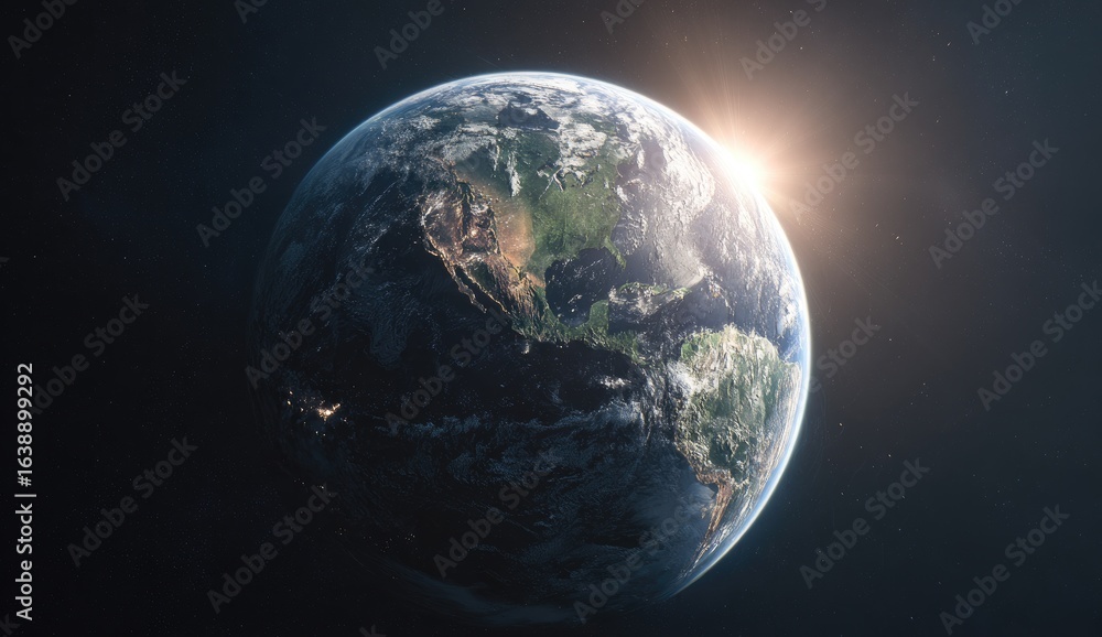 Fototapeta premium Sunrise over Earth, space view, North America visible, dark background, global perspective