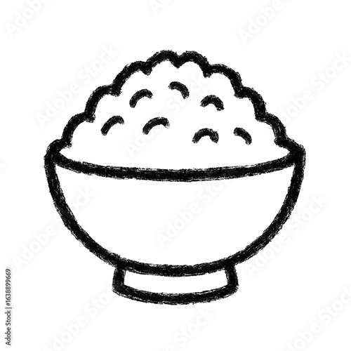 Rice bowl filled with cooked rice in simple sketch style  